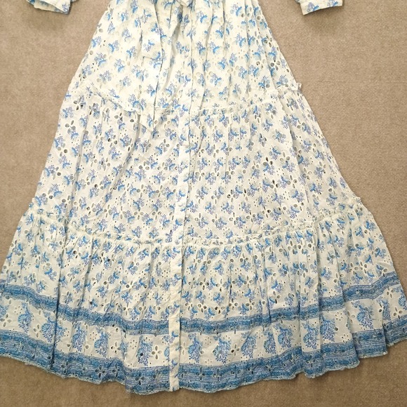 Hemant Nandita Womens XS XSMALL Blue White Boho Floral Eyelet Belted Maxi Dress - Picture 3 of 10